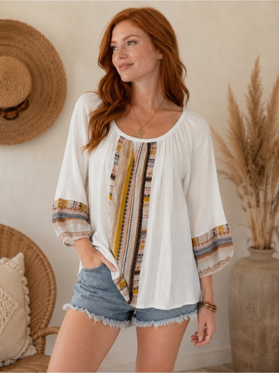 figueroa & flower Tops - 58. Fig & Flower White Boho Peasant Top Multicolor Accent Sleeve Size Medium